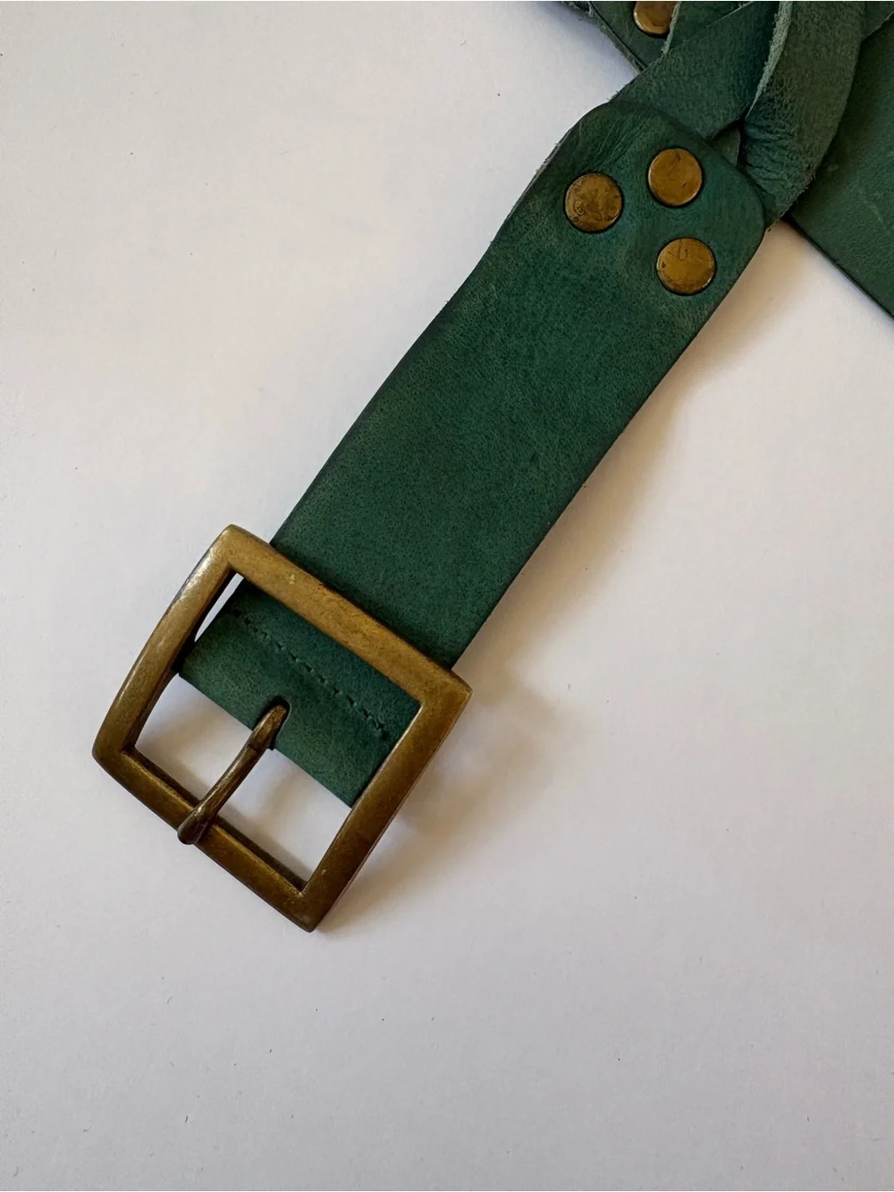 VNTG Old Navy Leather Green Braided Pleated Belt L Rivet Square Buckle Western